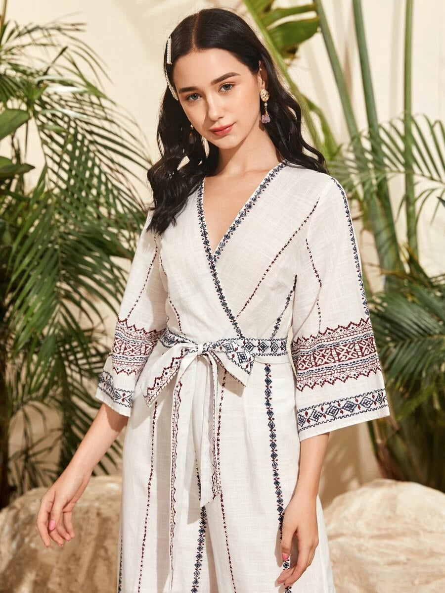 CM-JS509497 Women Trendy Bohemian Style Surplice Neck Self Belted Wide Leg Tribal Print Jumpsuit