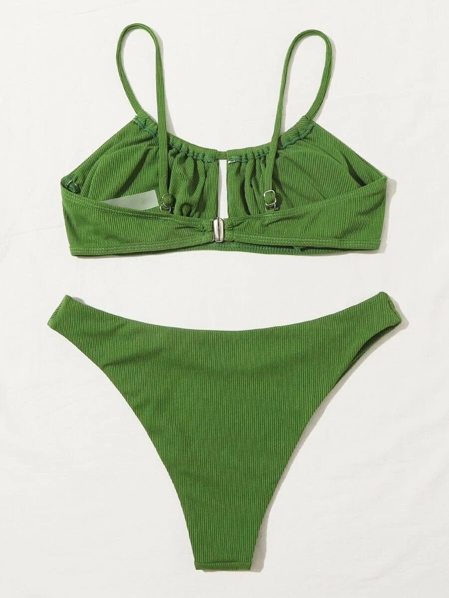 CM-SWS601279 Women Trendy Seoul Style Rib Ruched Bust Bikini Swimsuit - Army Green