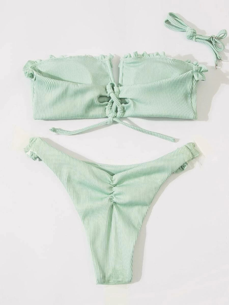 CM-SWS601947 Women Trendy Seoul Style Rib V-Wired Frill Bandeau Bikini Swimsuit - Green
