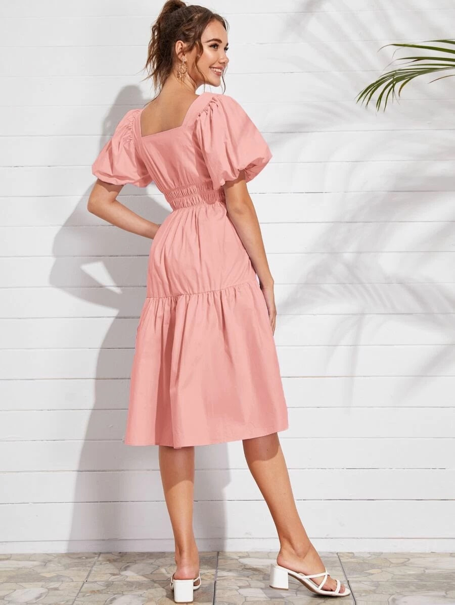 CM-DS528832 Women Trendy Seoul Style Bishop Sleeve Shirred Waist Solid Midi Dress - Pink