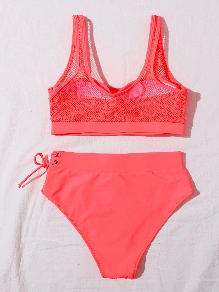 CM-SWS603889 Women Trendy Seoul Style Fishnet Overlay Underwire Bikini Swimsuit - Pink