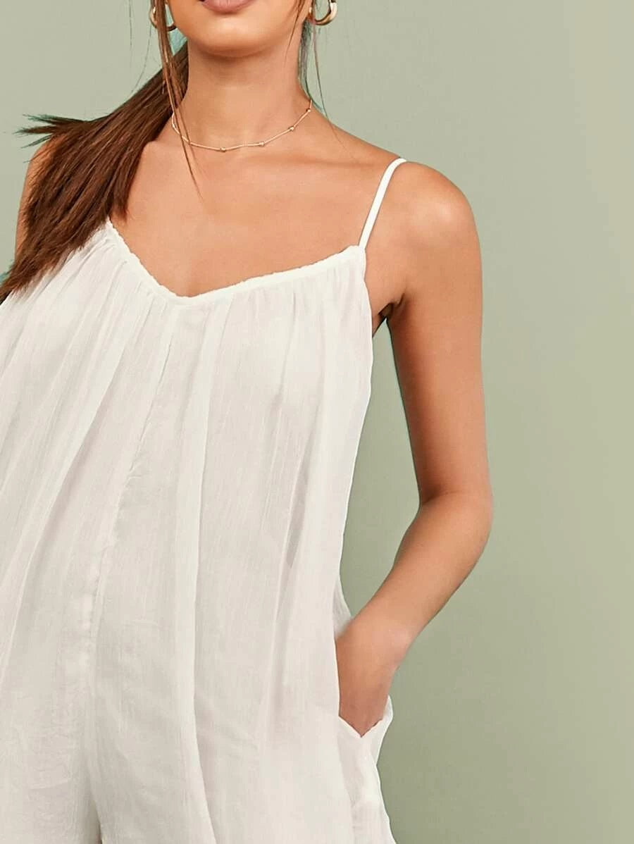 CM-JS427289 Women Trendy Bohemian Style Gathered Neckline Wide Leg Slip Jumpsuit - White