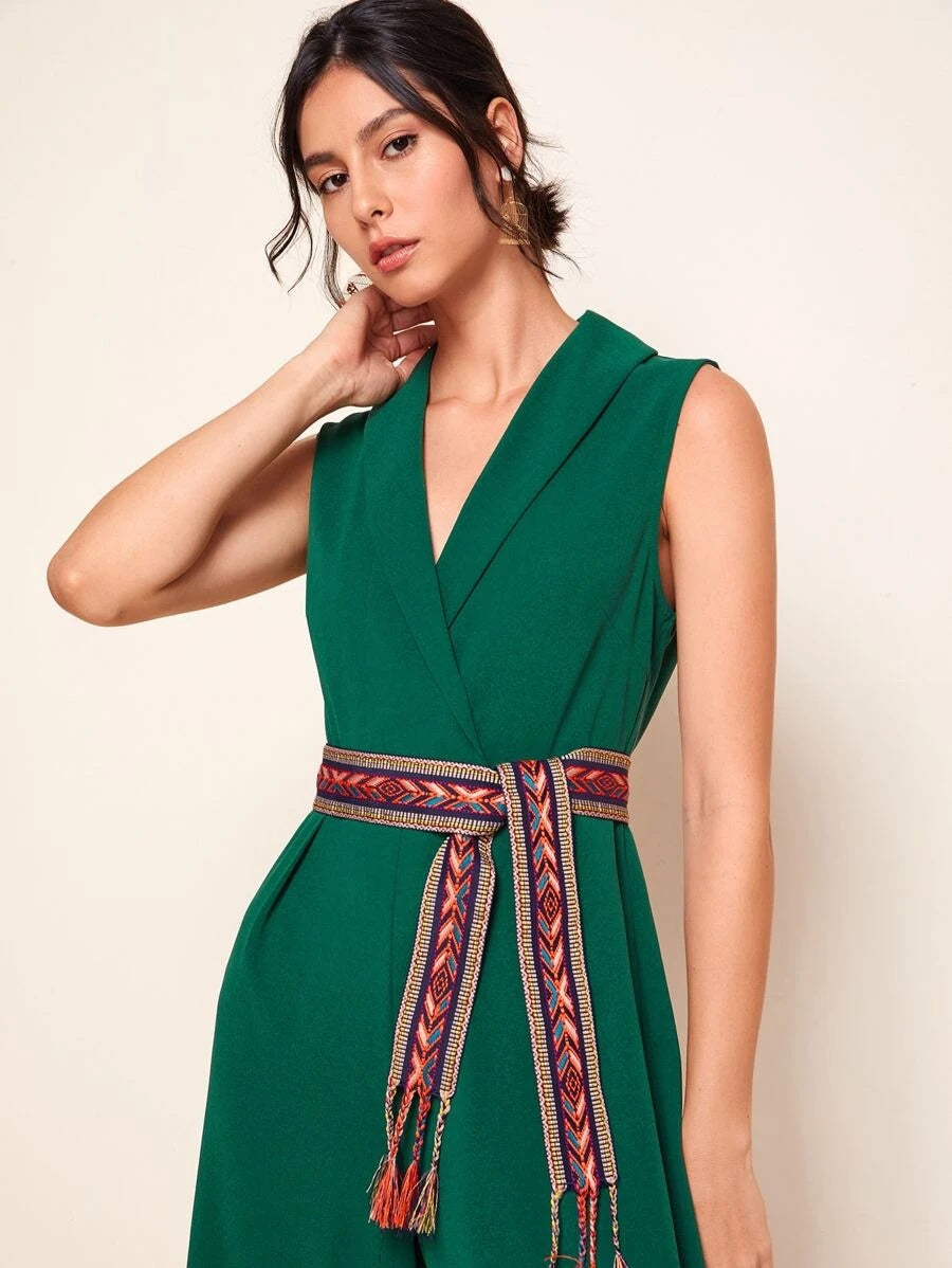 CM-JS528048 Women Trendy Bohemian Style Shawl Collar Tribal Belted Palazzo Jumpsuit - Green
