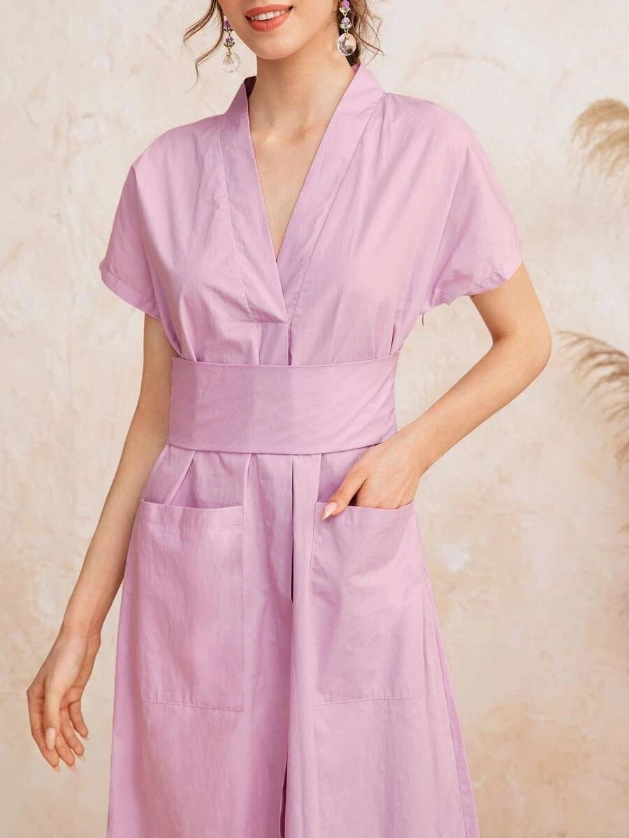 CM-DS608907 Women Casual Seoul Style V-Neck Batwing Sleeve Dual Pockets A-Line Dress - Purple