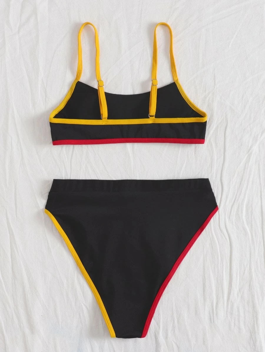 CM-SWS609698 Women Trendy Seoul Style Contrast Binding High Waist Bikini Swimsuit - Black