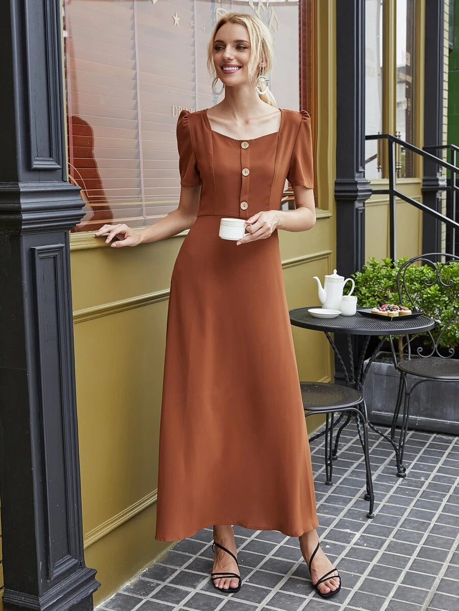 CM-DS519809 Women Casual Seoul Style Sweetheart Half Button Puff Sleeve Maxi Dress - Rust Brown