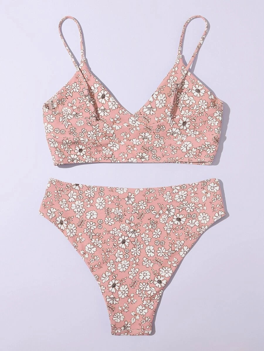 CM-SWS610598 Women Trendy Seoul Style Ditsy Floral High Waisted Bikini Swimsuit - Pink