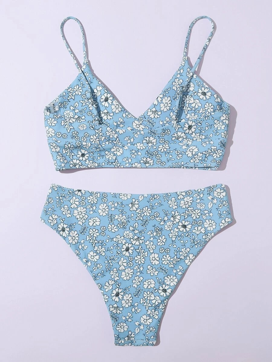 CM-SWS610702 Women Trendy Seoul Style Ditsy Floral High Waisted Bikini Swimsuit - Blue