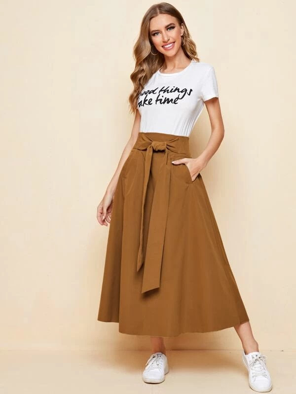 CM-BS605539 Women Casual Seoul Style High Waist Tie Front Solid Skirt - Brown