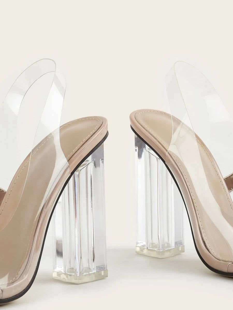 CM-SHS610445 Women Elegant Seoul Style Clear Slingback Chunky Heeled Sandals - Apricot