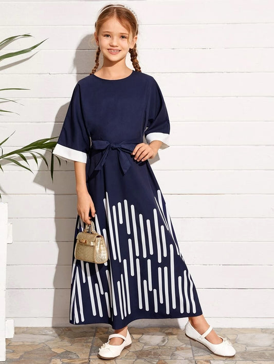 CM-KDS506053 Girls Casual Round Neck Bell Sleeve Self Belted Striped Maxi Dress - Navy Blue