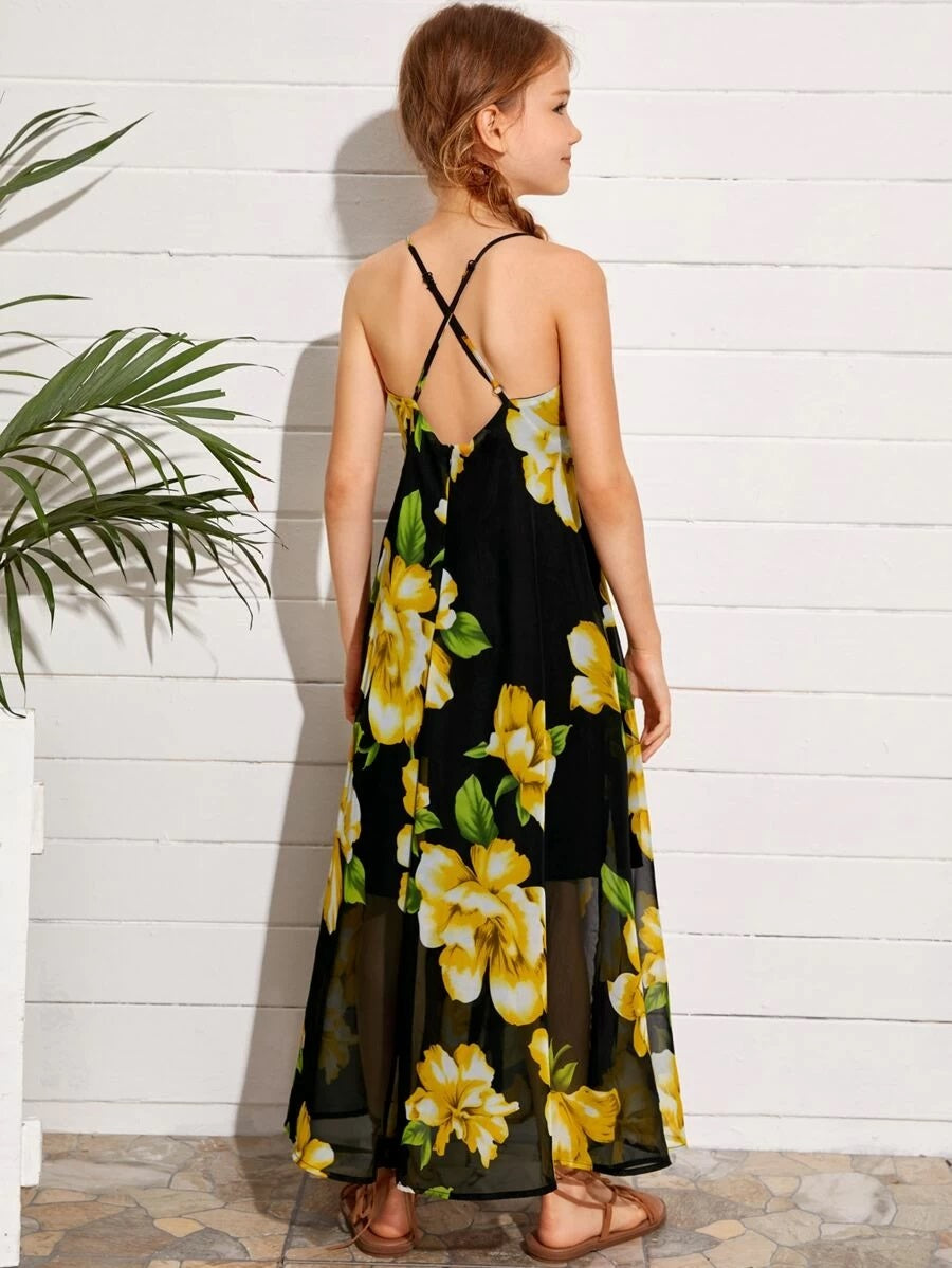 CM-KDS512839 Girls Trendy Bohemian Style Crisscross Backless Floral Print Chiffon Dress