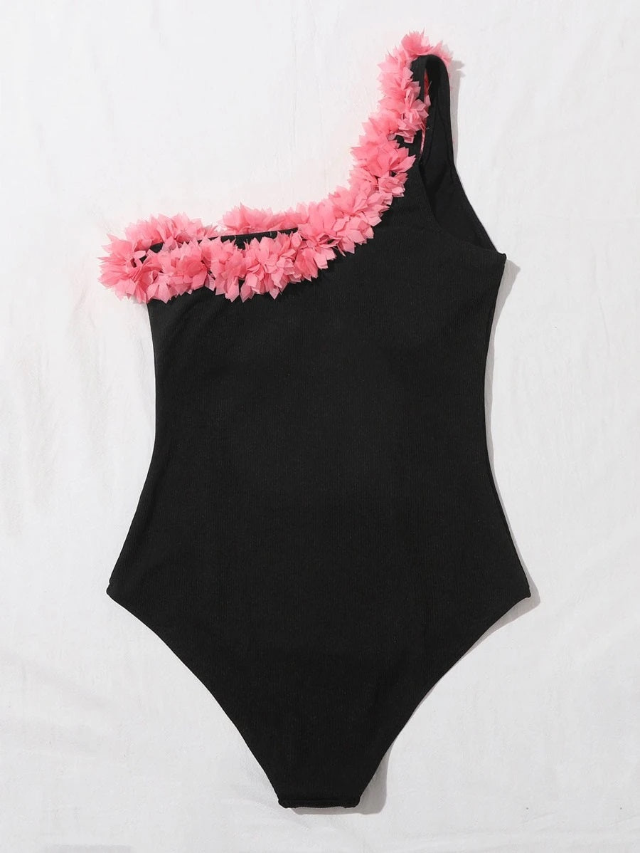 CM-SWS611719 Women Trendy Seoul Style Appliques One Shoulder One Piece Swimsuit - Black