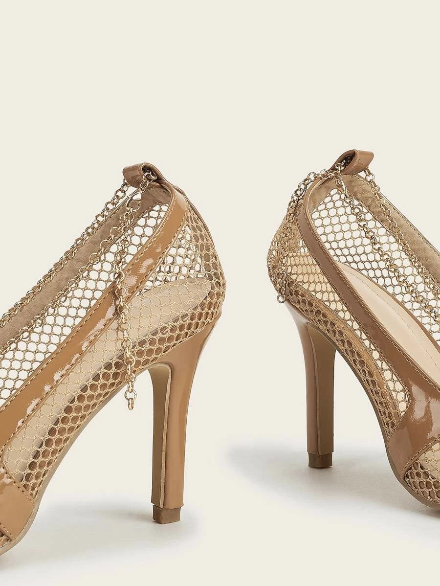 CM-SHS612605 Women Elegant Seoul Style Square Toe Chain Decor Mesh Pumps - Apricot