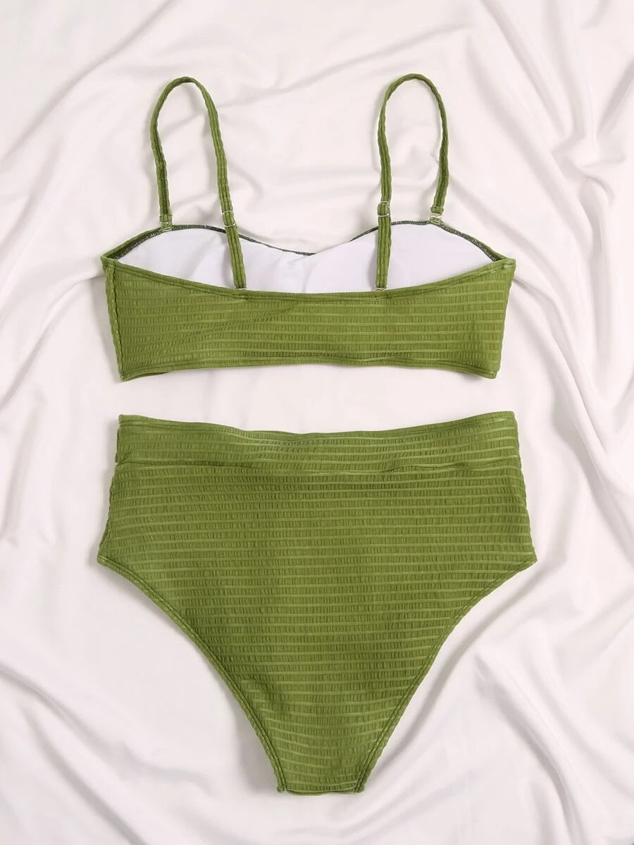 CM-SWS611620 Women Trendy Seoul Style Textured Knot Front High Waisted Bikini Swimsuit - Green