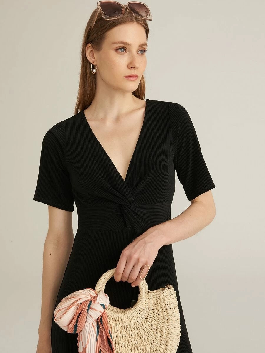 CM-JS508685 Women Elegant Seoul Style Short Sleeve V-Neck Twist Front Rib-Knit Palazzo Jumpsuit