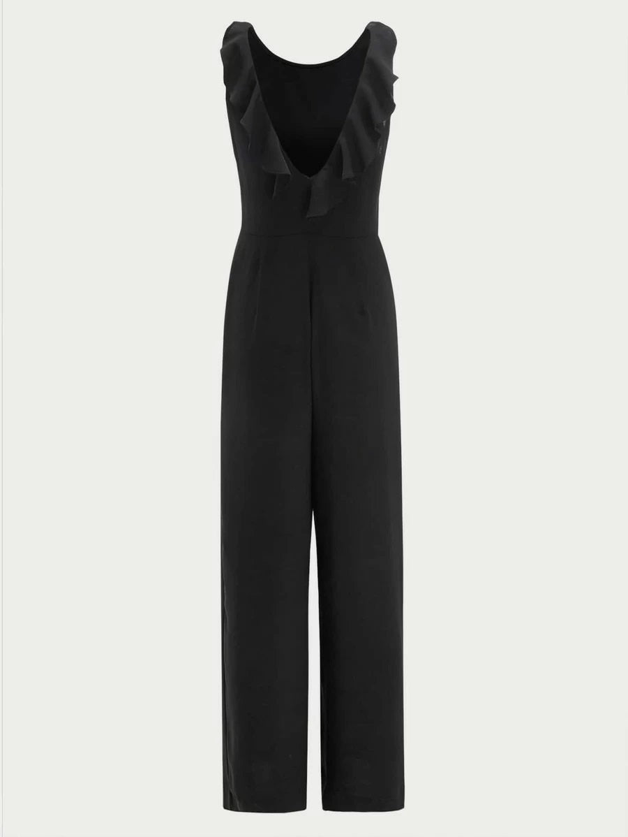 CM-JS504168 Women Elegant Seoul Style Ruffle Back Wide Leg Sleeveless Jumpsuit - Black