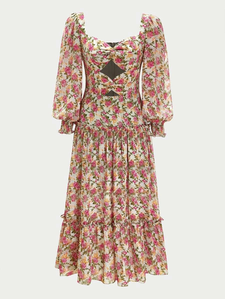 CM-ES522761 Women Trendy Bohemian Style Flowing Puffed Sleeve Floral A-Line Dress