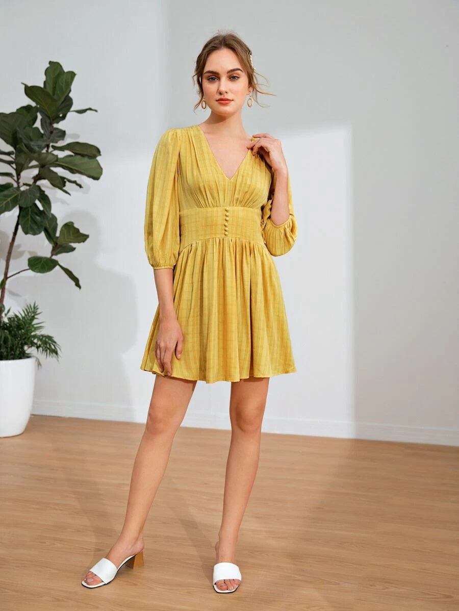 CM-DS609593 Women Casual Seoul Style V-Neck Button Front Bishop Sleeve Dress - Yellow