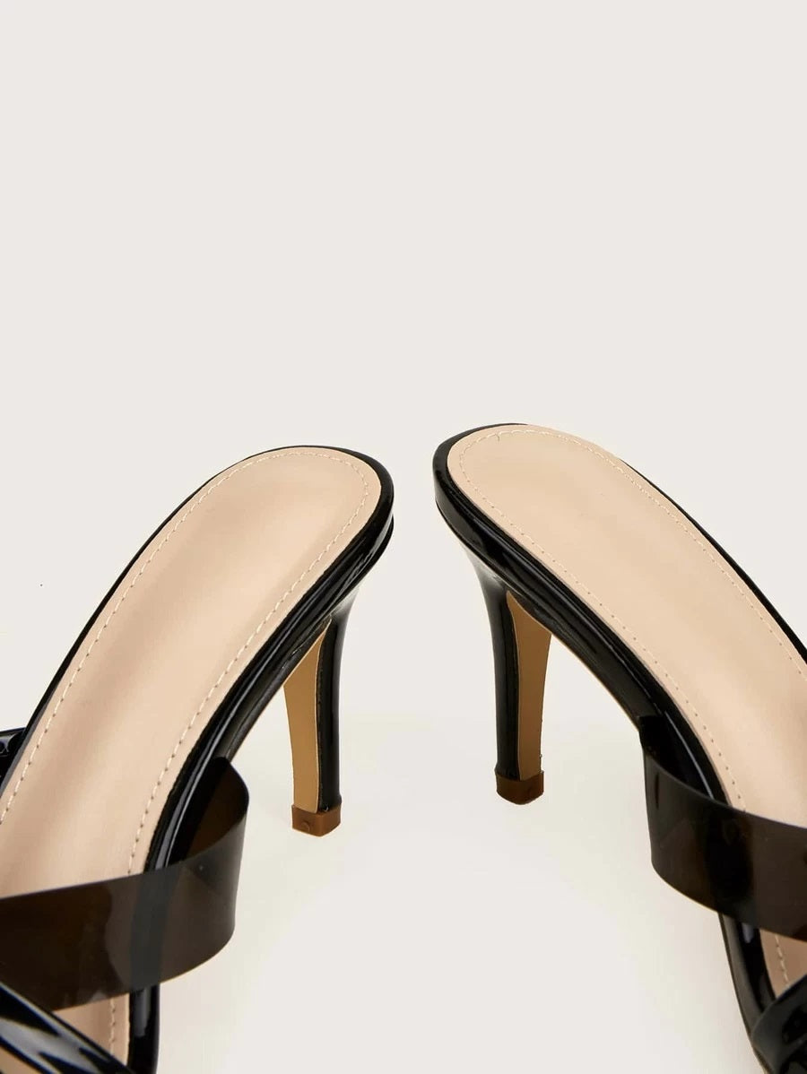 CM-SHS615382 Women Elegant Seoul Style Cross Strap Patent Stiletto Heeled Sandal Mules
