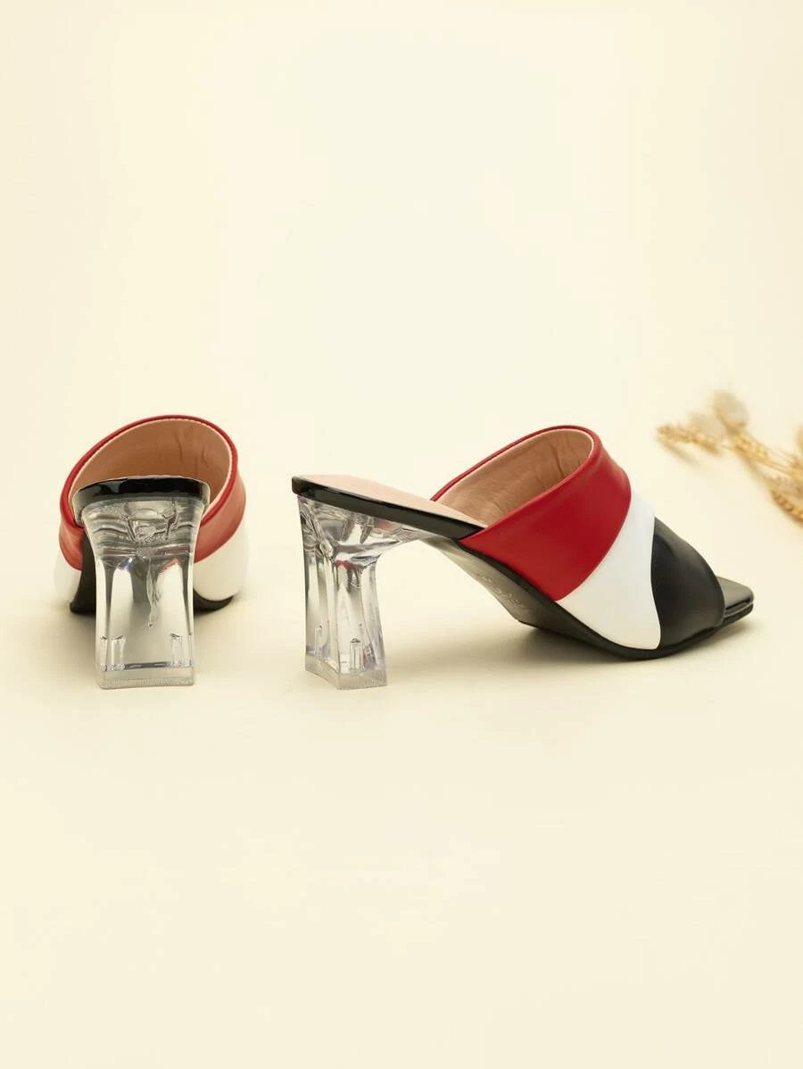 CM-SHS615528 Women Trendy Seoul Style Color Block Clear Heeled Mules