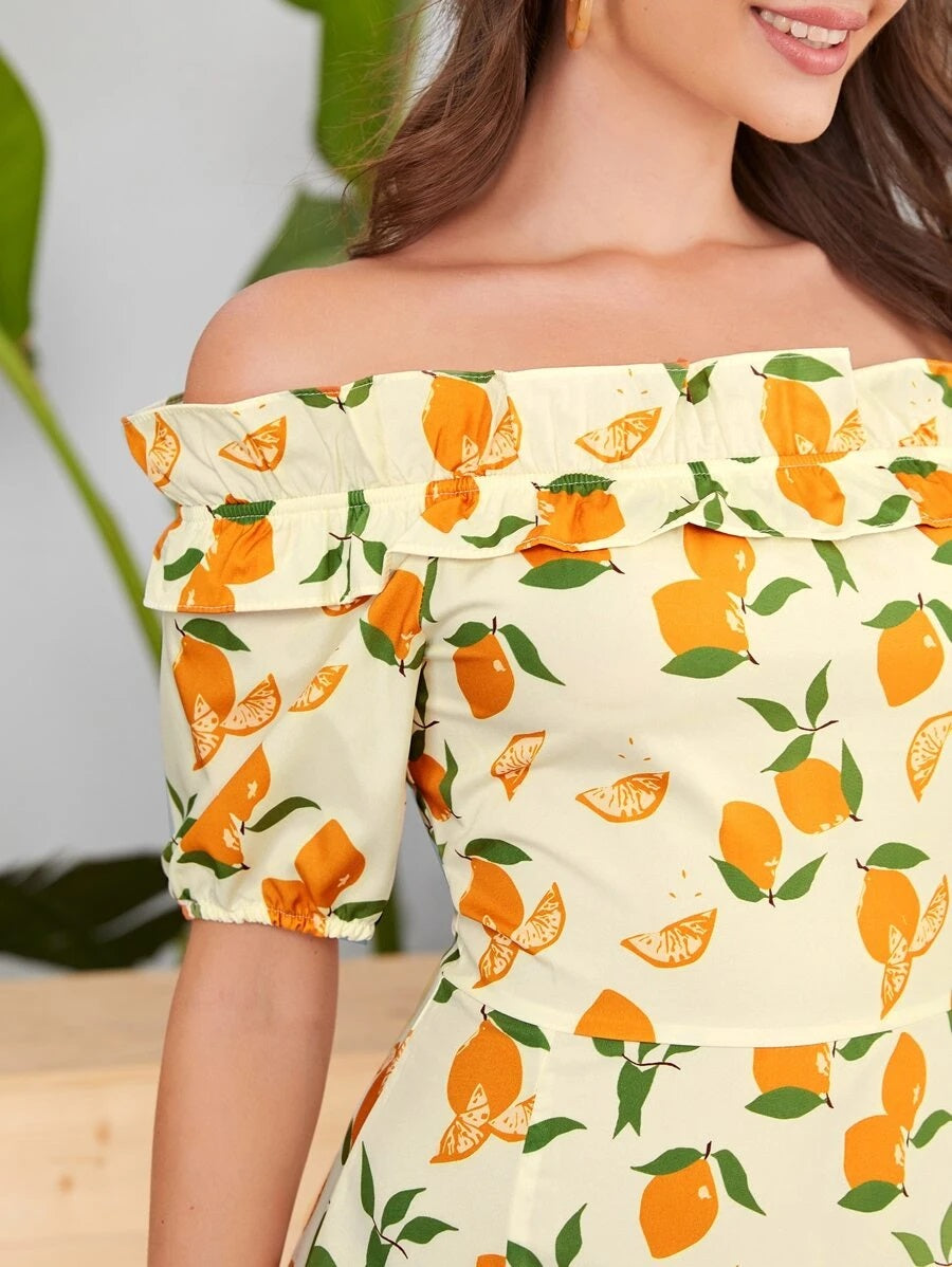 CM-DS615529 Women Casual Seoul Style Off The Shoulder Orange Print Ruffle Trim Bardot Dress
