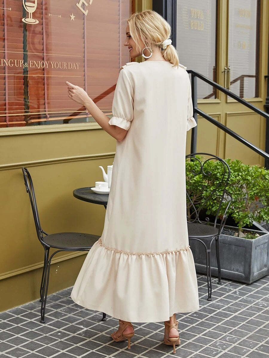 CM-DS522187 Women Casual Seoul Style Button Through Ruffle Hem Smock Dress - Apricot