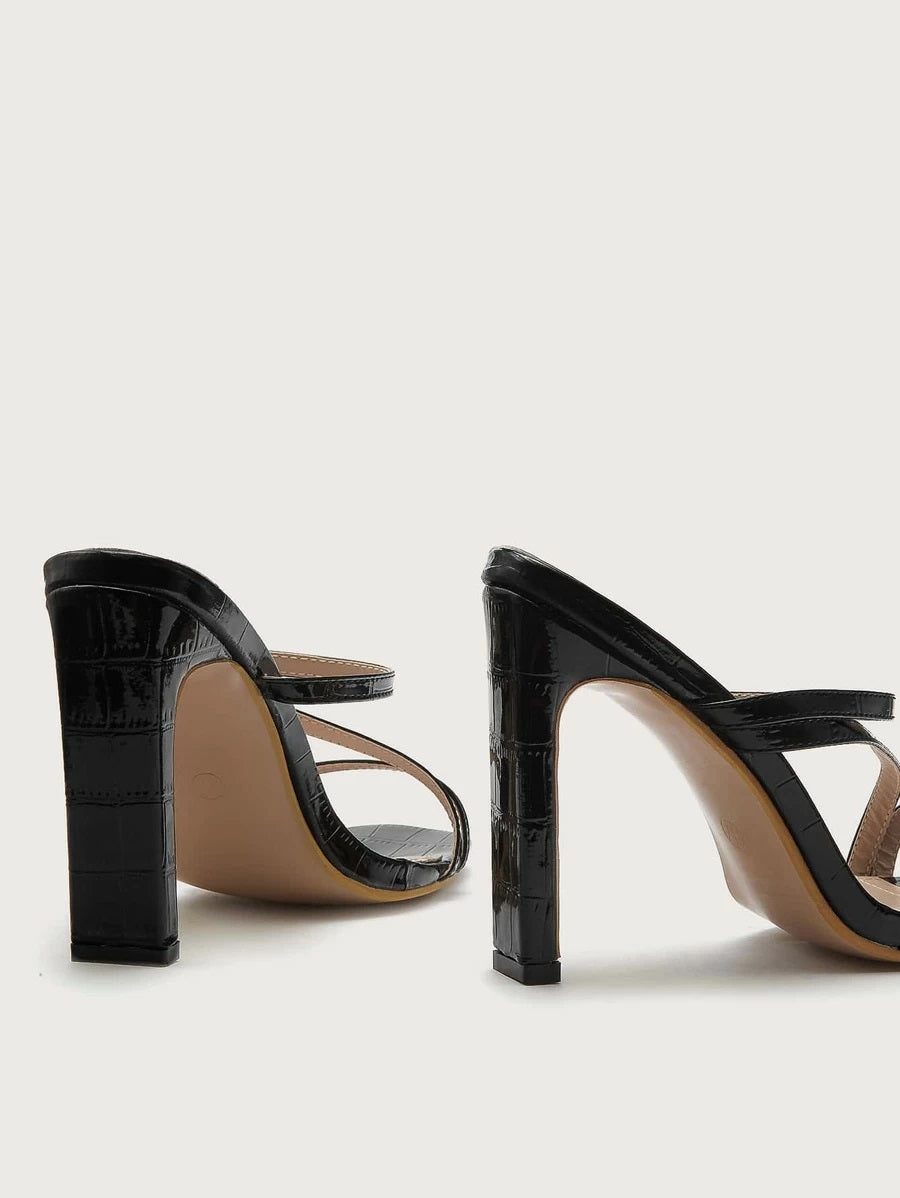 CM-SHS618602 Women Elegant Seoul Style Thin Strap Croc Embossed Chunky Heeled Mules