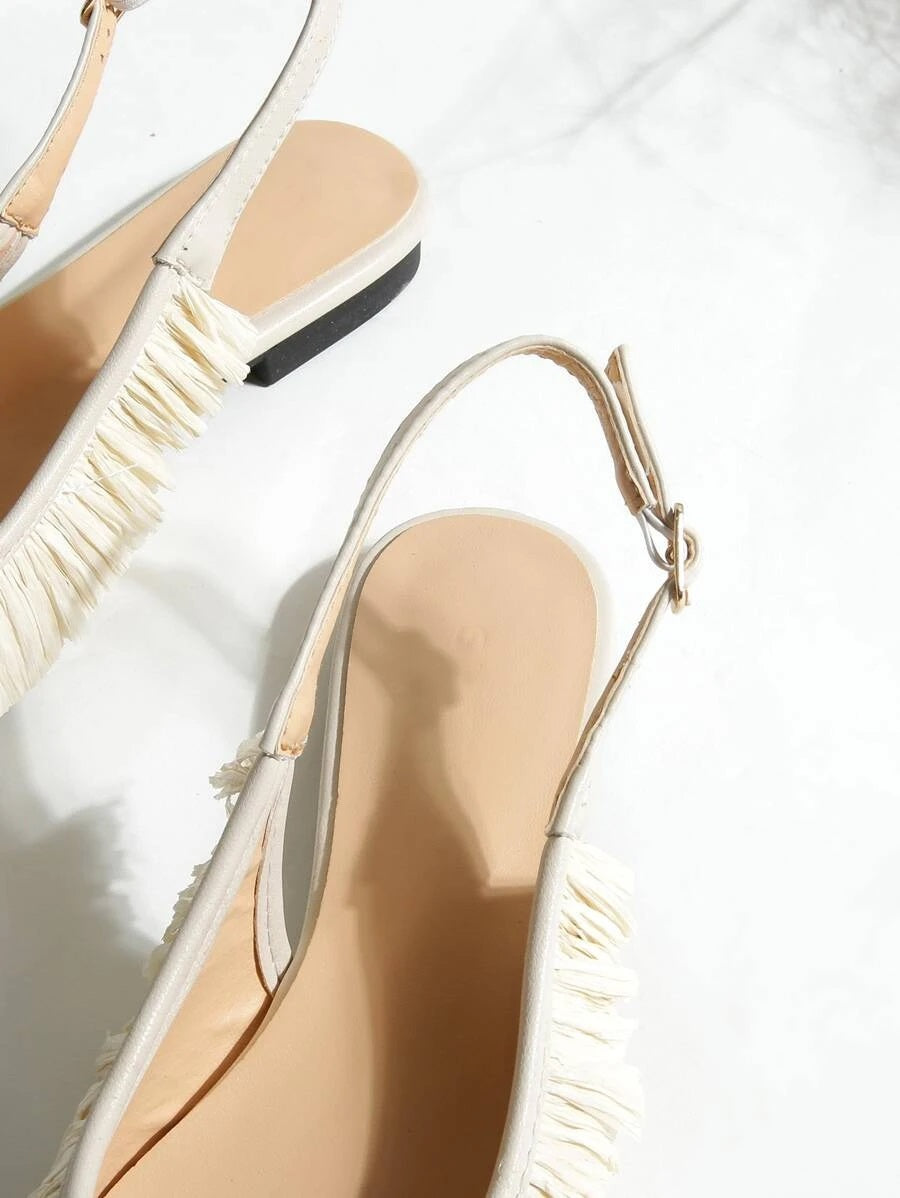 CM-SHS618017 Women Casual Seoul Style Fringe Decor Slingback Flats - Beige