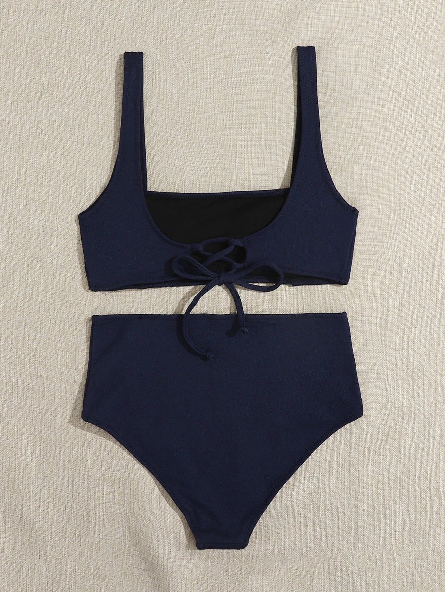 CM-SWS617962 Women Trendy Seoul Style Seam Detail High Waisted Bikini Swimsuit - Navy Blue