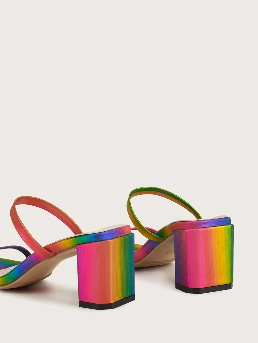 CM-SHS618064 Women Casual Seoul Style Colorblock Double Strap Heeled Mules