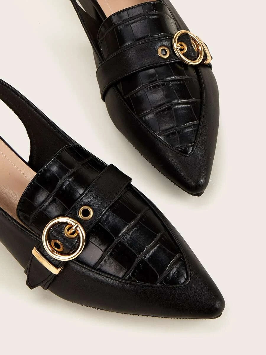 CM-SHS619764 Women Elegant Seoul Style Buckle Strap Decor Slingback Loafers - Black