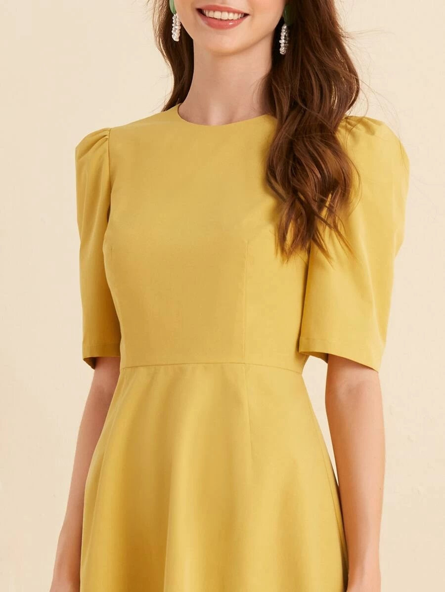 CM-DS608090 Women Casual Seoul Style Round Neck Solid Puff Sleeve A-Line Dress - Yellow
