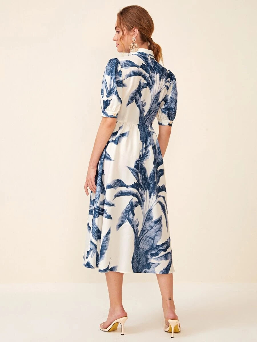 CM-DS610300 Women Elegant Seoul Style Half Sleeve Button Tie Front Shirt Dress