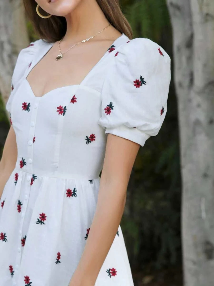 CM-DS522876 Women Casual Seoul Style Button Front Floral Embroidered Short Dress - White