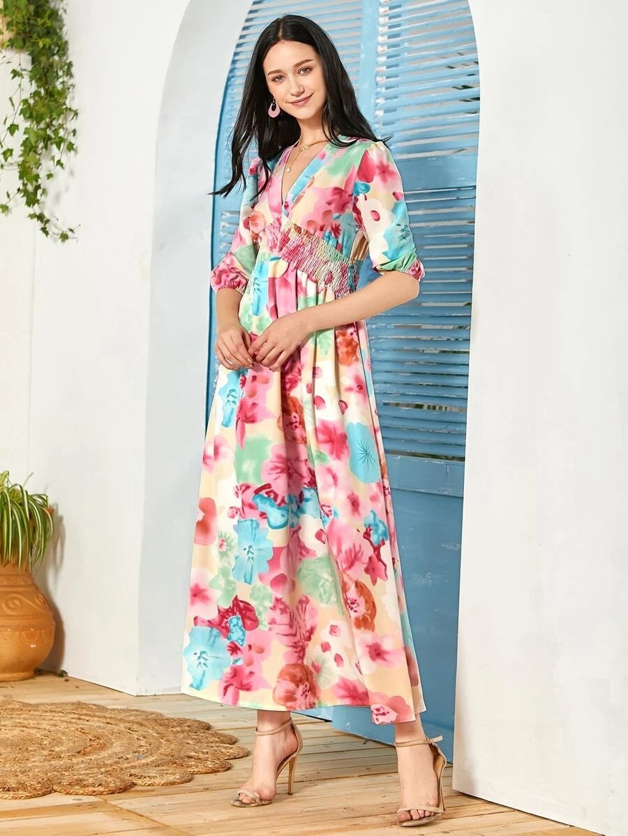 CM-DS604307 Women Trendy Bohemian Style Floral Print Shirred Detail A-Line Long Dress