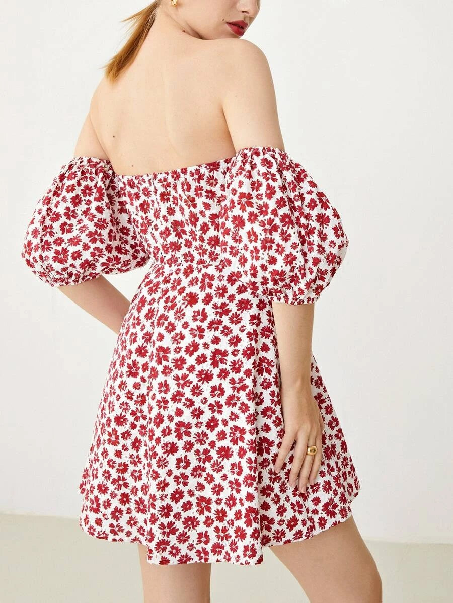 CM-DS602508 Women Elegant Seoul Style Off Shoulder Lantern Sleeve Daisy Schiffy Dress - Red