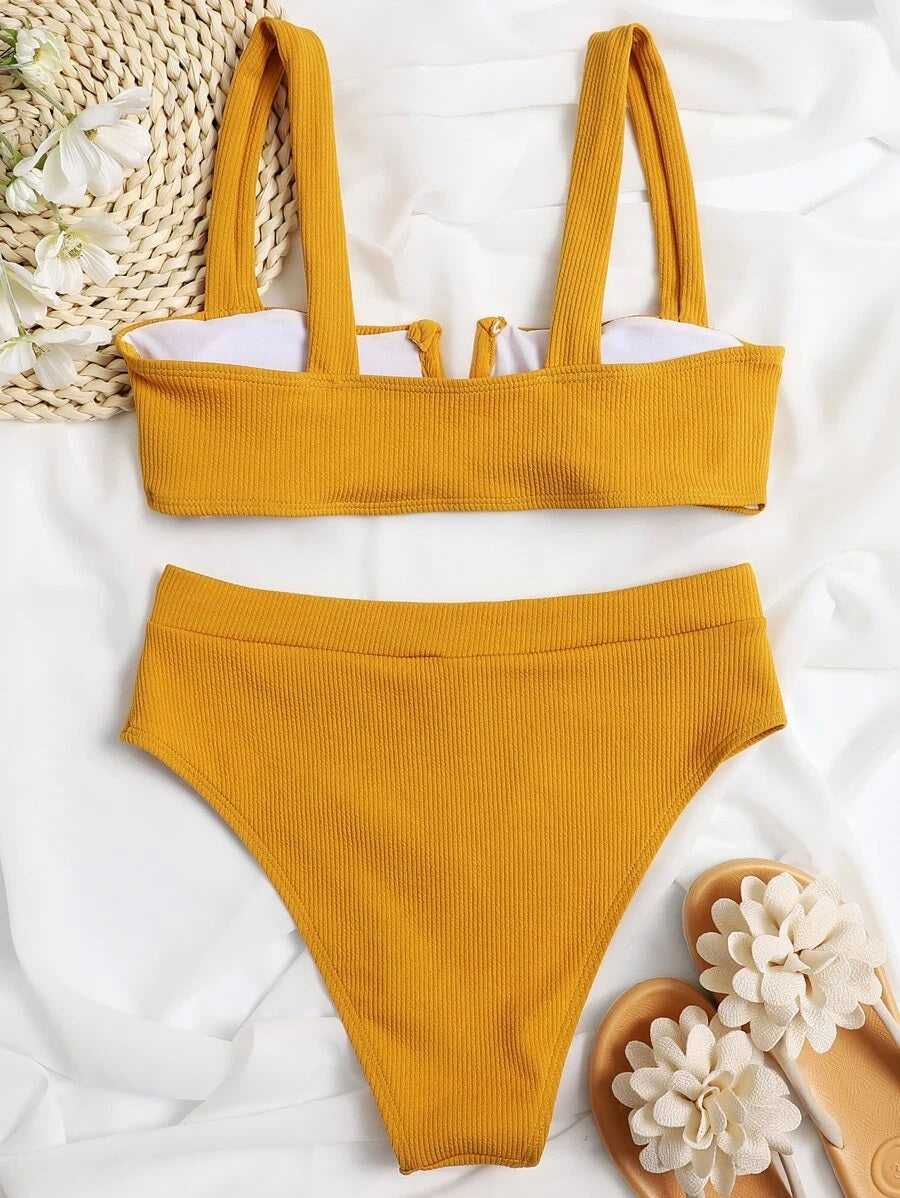 CM-SWS623591 Women Trendy Seoul Style Rib V-Wired High Waisted Bikini Swimsuit - Yellow
