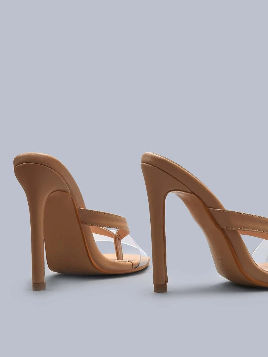 CM-SHS623920 Women Trendy Seoul Style Toe Post Stiletto Heeled Mules - Apricot