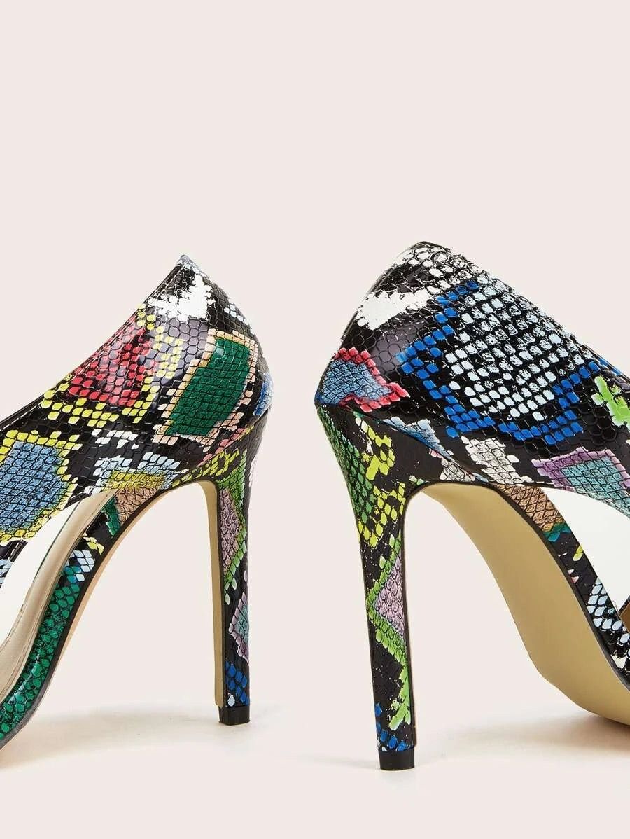 CM-SHS623810 Women Casual Seoul Style Snakeskin Print Asymmetrical Stiletto Heeled Sandals
