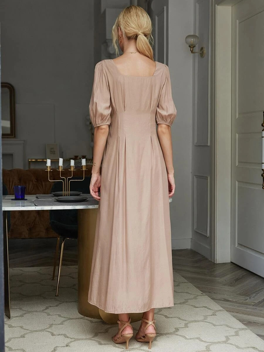 CM-DS529730 Women Casual Seoul Style Puff Sleeve Button Front A-Line Dress - Apricot