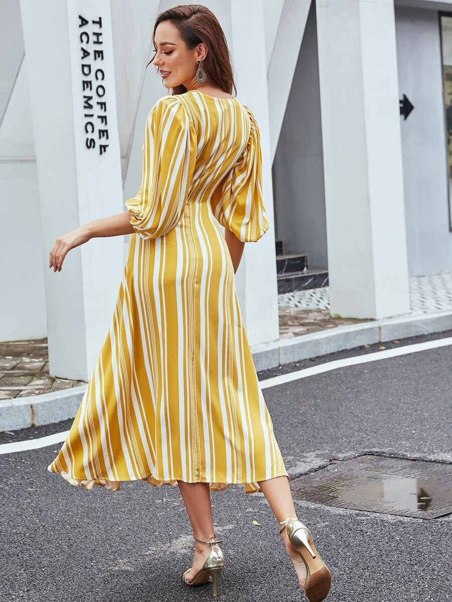 CM-DS624755 Women Trendy Bohemian Style Bishop Sleeve Tie Front Striped Dress - Yellow