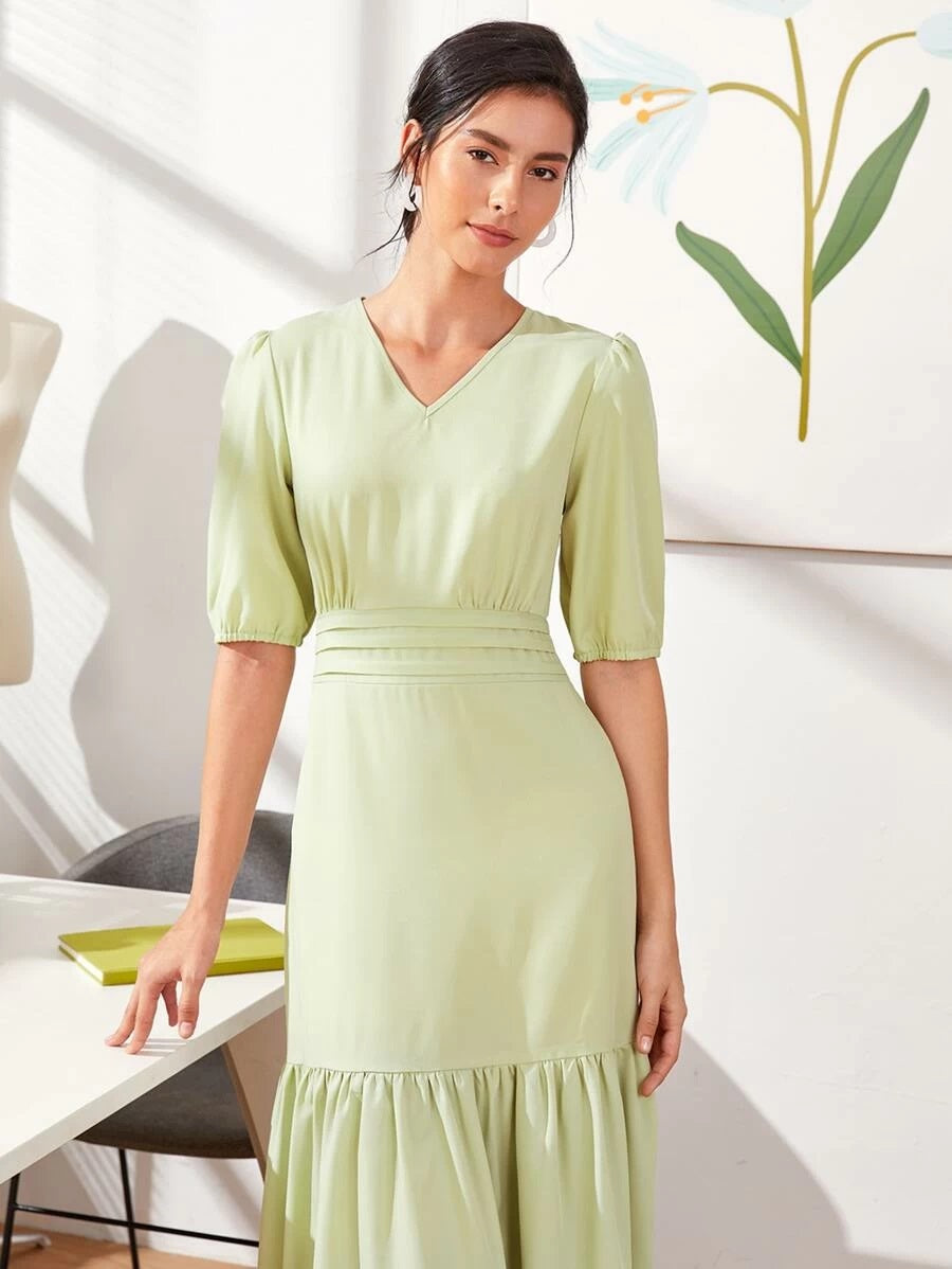 CM-DS628896 Women Casual Seoul Style V-Neck Puff Sleeve A-Line Long Dress - Lime Green