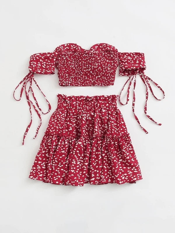 CM-SS608135 Women Trendy Bohemian Style Print Knotted Bardot Top With Skirt - Set