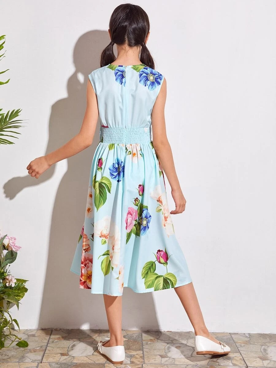 CM-KDS609072 Girls Casual Round Neck Shirred Waistband Floral Print Dress - Blue