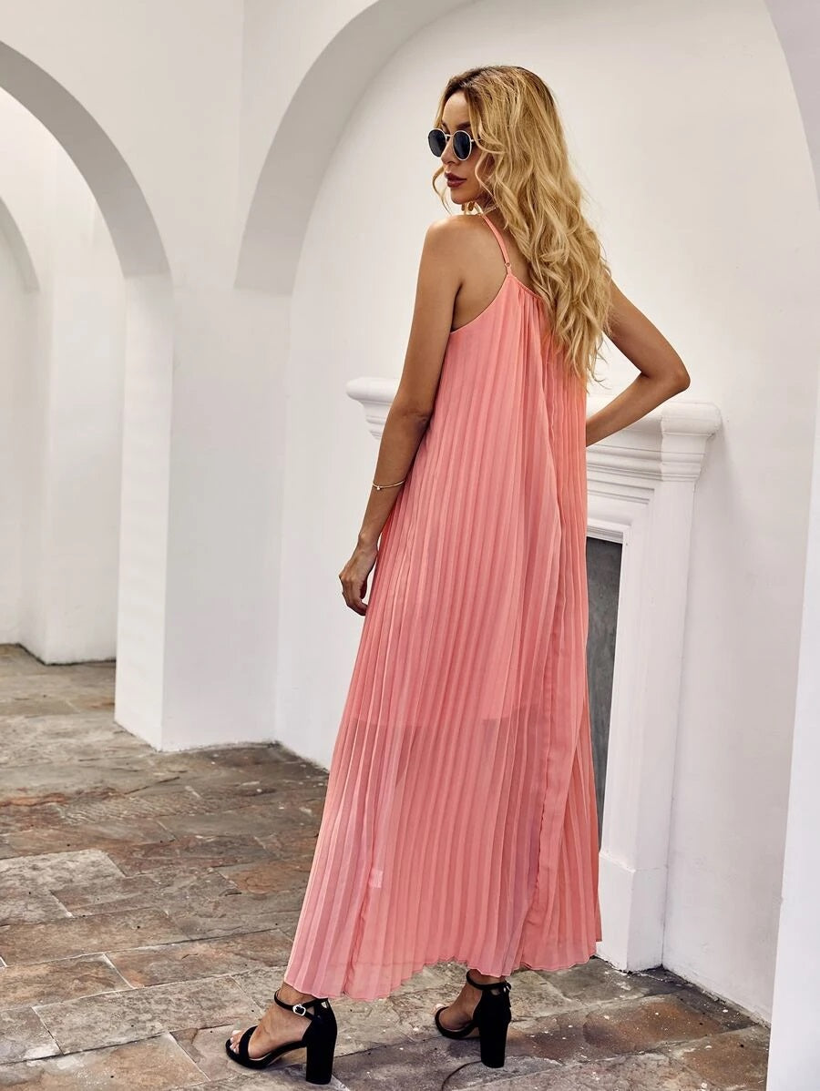 CM-DS602009 Women Elegant Seoul Style Sleeveless Solid Pleated Tent Cami Dress