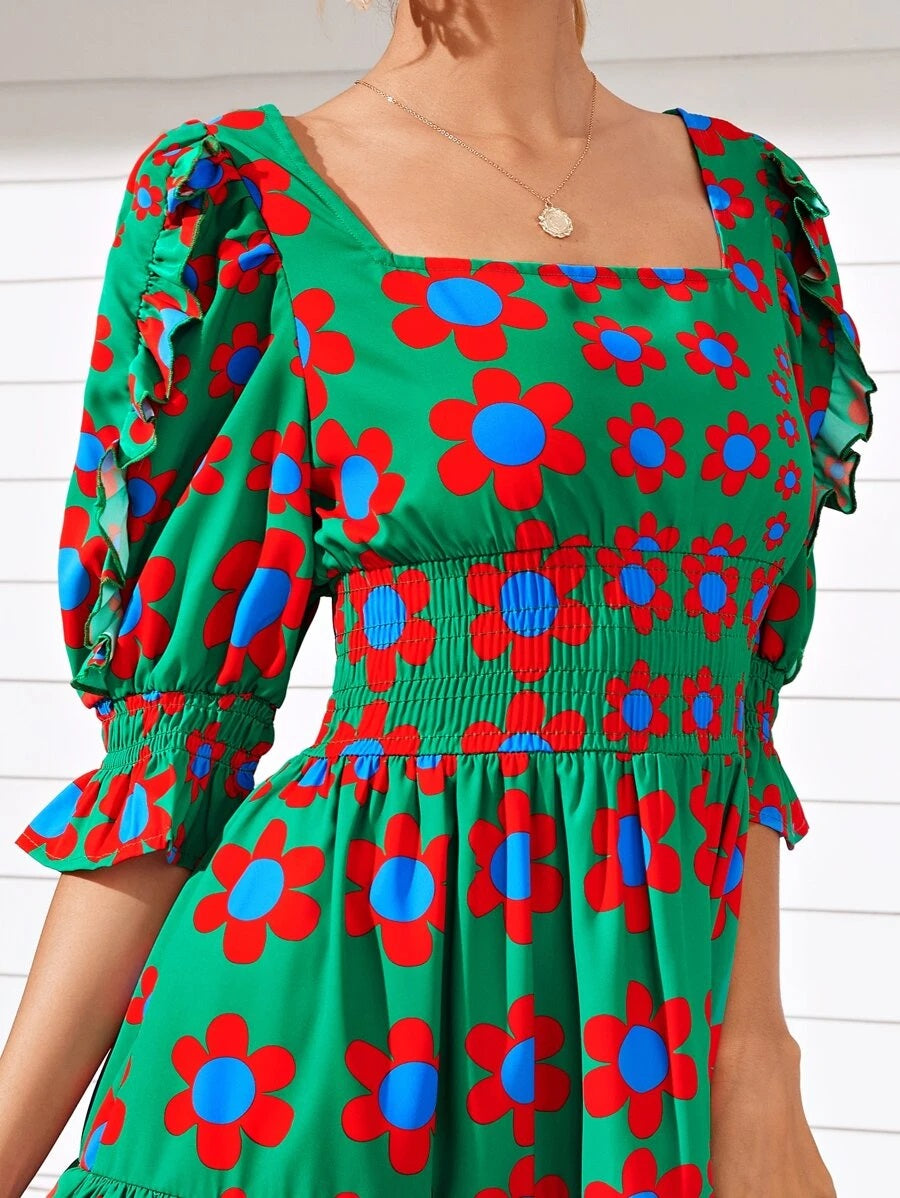 CM-DS628239 Women Casual Seoul Style Square Neck Floral Print Ruffle Hem Dress - Green