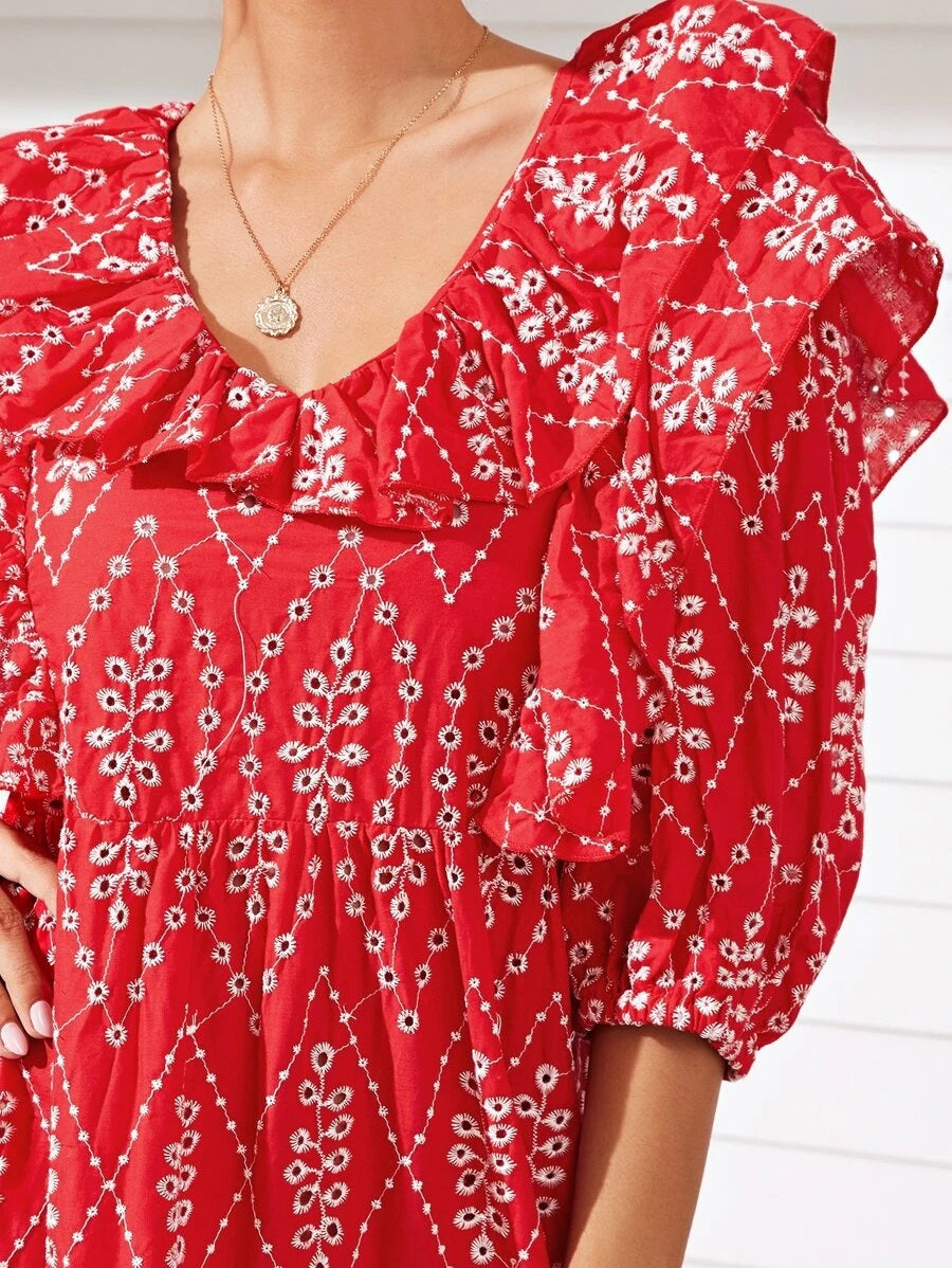 CM-DS628084 Women Trendy Bohemian Style Ditsy Floral Embroidery Ruffle Trim Dress - Red