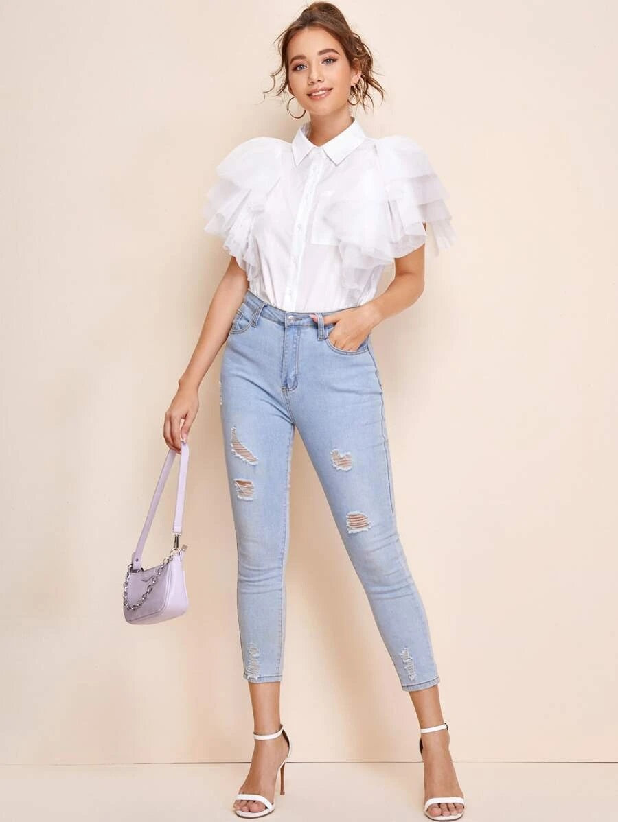 CM-TS617019 Women Elegant Seoul Style Layered Ruffle Mesh Sleeve Patch Pocket Blouse