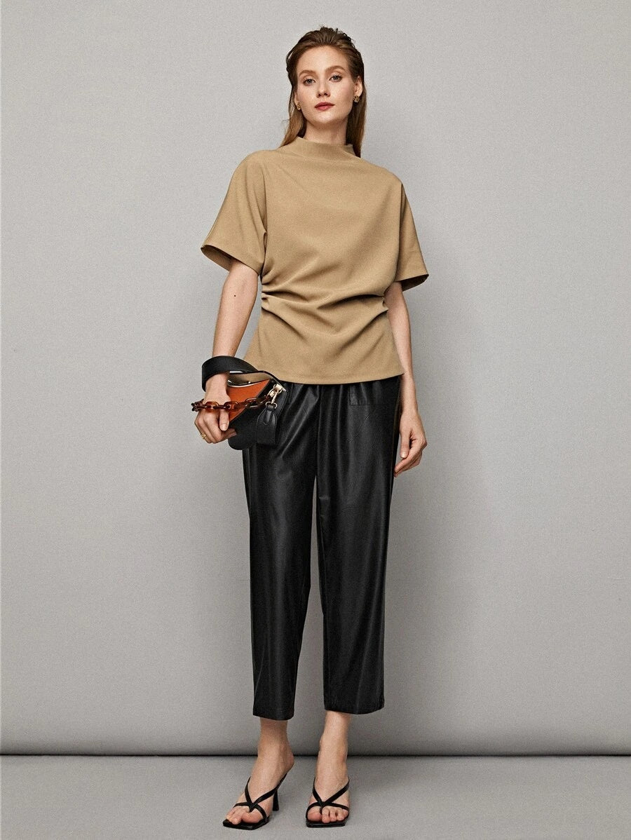 CM-TS529529 Women Elegant European Style Mock-Neck Batwing Sleeve Gathered Side Top